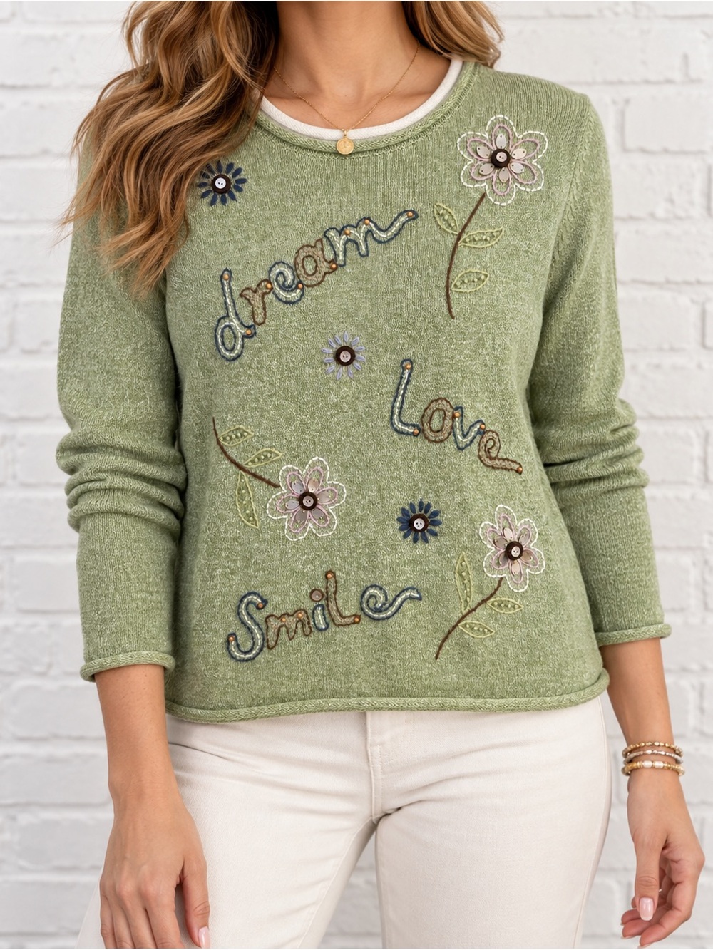 Vintage Y2K Alfred Dunner Ramie Cotton Green Embroidered Dream Sweater PM